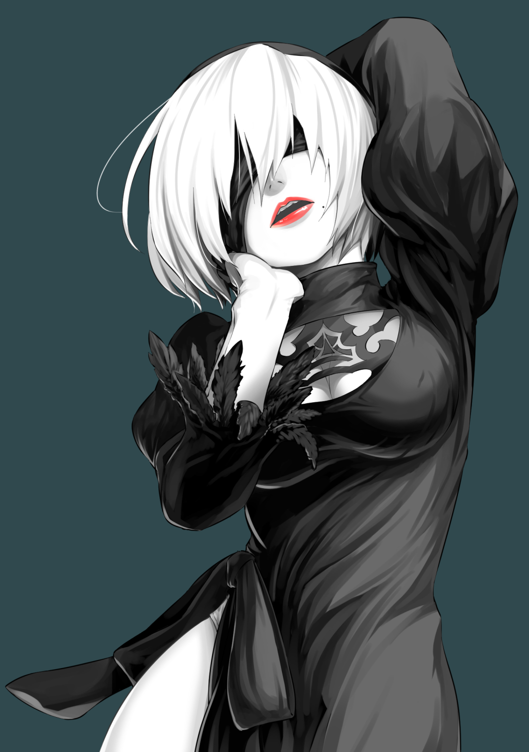1girl, arm_behind_back, bangs, black_dress, blindfold, breasts, cleavage, cleavage_cutout