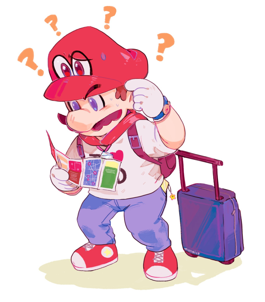 1boy, ?, backpack, bag, blue_eyes, brown_hair, cappy_(mario), confused, eyebrows, facial_hair, full_body, gloves, hat, heart, highres, holding, male_focus, map, mario, super_mario_bros., mmairo, mustache, nintendo, nintendo_ead, pants, power_star, scratching_head, shirt, short_sleeves, standing, super_mario_bros., super_mario_odyssey, sweat, watch