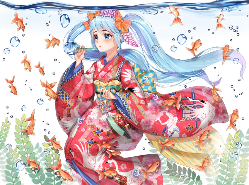 1girl, air_bubble, animal, animal_print, bangs, bell, bird_print, blue_eyes