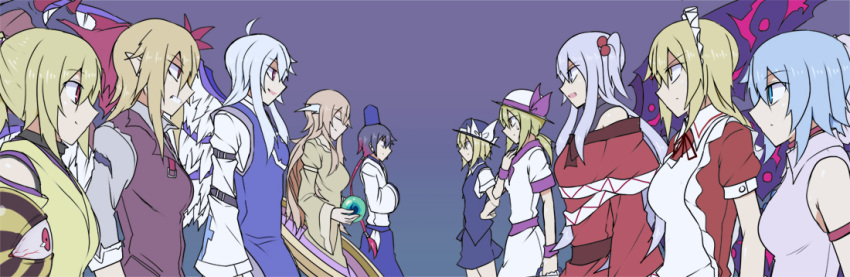 1boy, 6+girls, angel_wings, blonde_hair, blue_hair, elis_(touhou), eyeball, faceoff, hat, kenuu_(kenny), kikuri_(touhou), luize, mai_(touhou), maid, multiple_girls, shingyoku_(male), shinki, silver_hair, touhou, touhou_(pc-98), wings, yuki_(touhou), yumeko, yuugenmagan