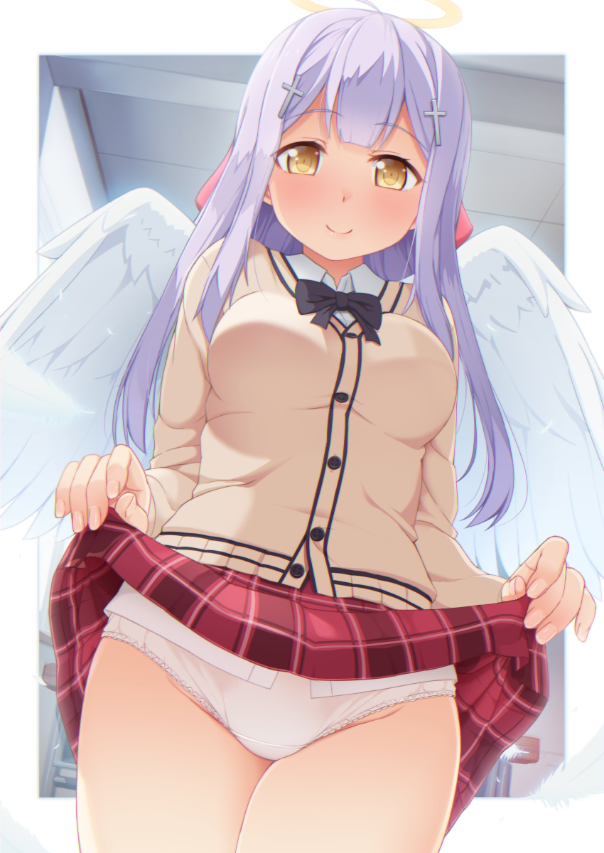 1girl, ahoge, angel_wings, black_bow, black_bowtie, blush, bow, bowtie