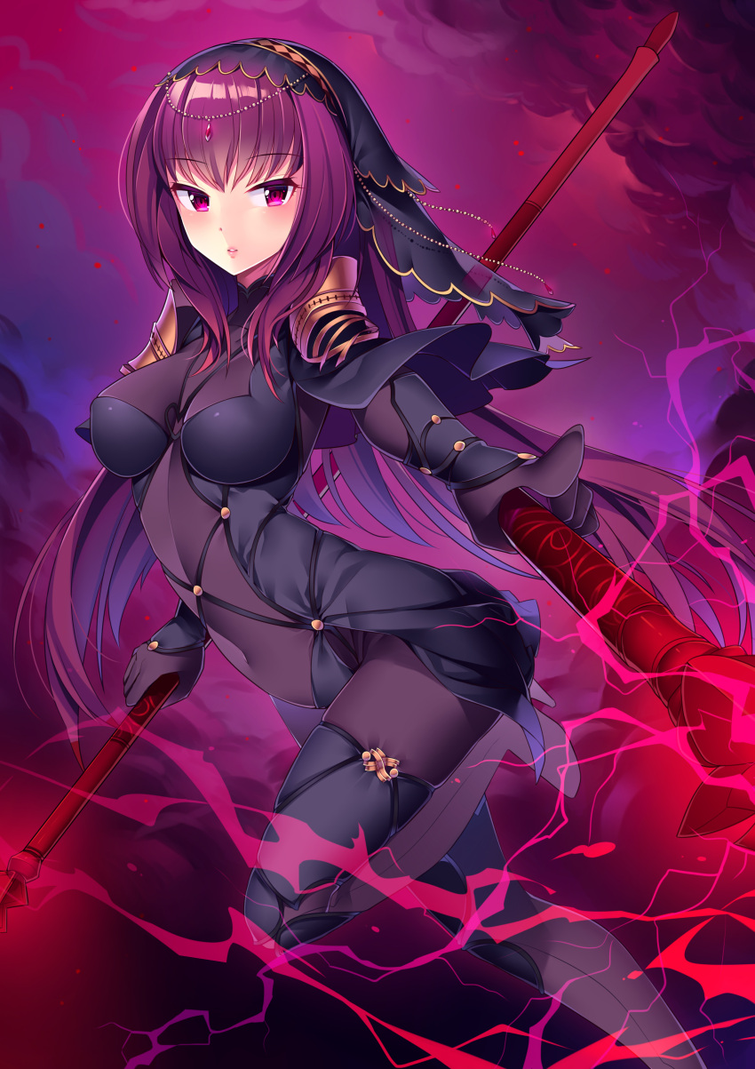 1girl, absurdres, black_hair, bodysuit, breasts, breasts_apart, brown_eyes, covered_navel, dual_wielding, eyebrows_visible_through_hair, fate/grand_order, fate_(series), floating_hair, flower, hair_flower, hair_ornament, hair_ribbon, high_heels, high_ponytail, highres, holding, holding_umbrella, holding_weapon, index_finger_raised, japanese_clothes, kimono, lin_minghua, long_hair, looking_at_viewer, may_(2747513627), medium_breasts, one_leg_raised, oriental_umbrella, parted_lips, pink_flower, pink_lips, polearm, purple_hair, rain, red_ribbon, red_umbrella, ribbon, scathach_(fate/grand_order), simple_background, smile, solo, spear, the_rainy_port_keelung, umbrella, veil, violet_eyes, weapon, white_background, yellow_ribbon, yezhi_na