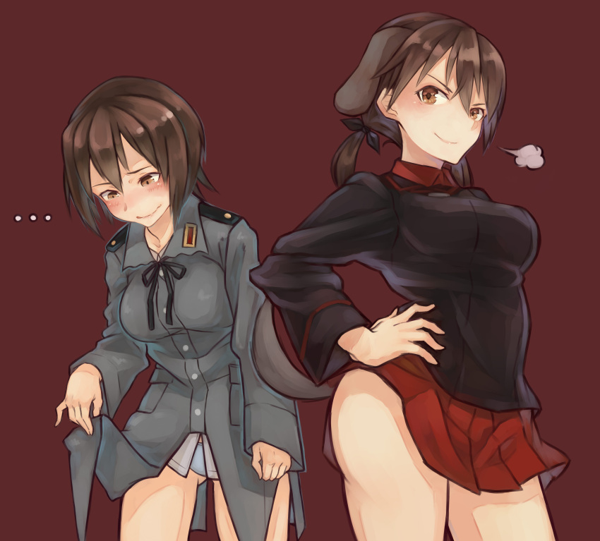 ..., 2girls, absurdres, animal_ears, blush, brown_eyes, brown_hair, cosplay, costume_switch, crossover, dog_ears, doyagao, gertrud_barkhorn, gertrud_barkhorn_(cosplay), girls_und_panzer, hair_ribbon, hand_on_hip, highres, jinguuji_(jinguji443), long_sleeves, looking_at_viewer, military, military_uniform, multiple_girls, nishizumi_maho, nishizumi_maho_(cosplay), no_pants, panties, pleated_skirt, red_background, ribbon, school_uniform, simple_background, skirt, sleeves_past_wrists, strike_witches, thighs, twintails, underwear, uniform, wavy_mouth, world_witches_series