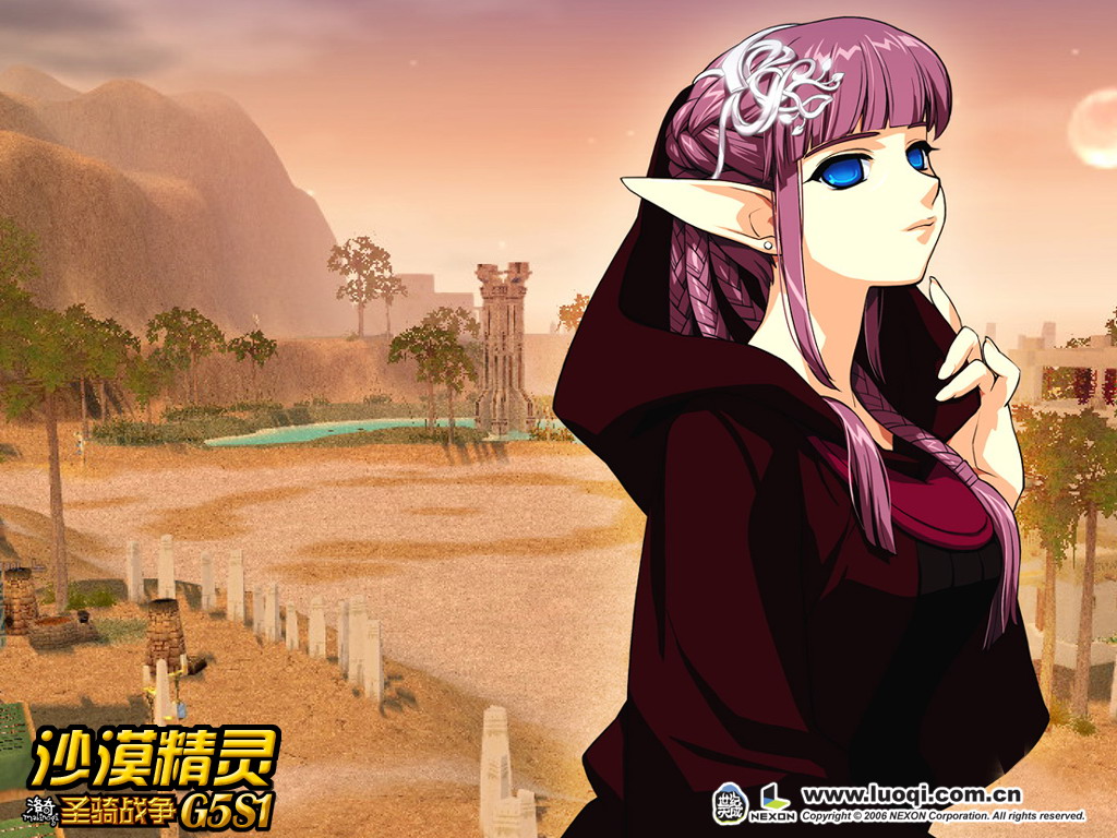 1girl, 2006, bangs, blue_eyes, blunt_bangs, braid, castanea, chinese, desert, earrings, hood, jewelry, mabinogi, no_pupils, oasis, outdoors, pointy_ears, purple_hair, robe, solo, stud_earrings, wallpaper, watermark, web_address