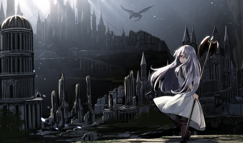 1girl, axe, bangs, bare_arms, bare_shoulders, behind_back, blue_eyes, boots