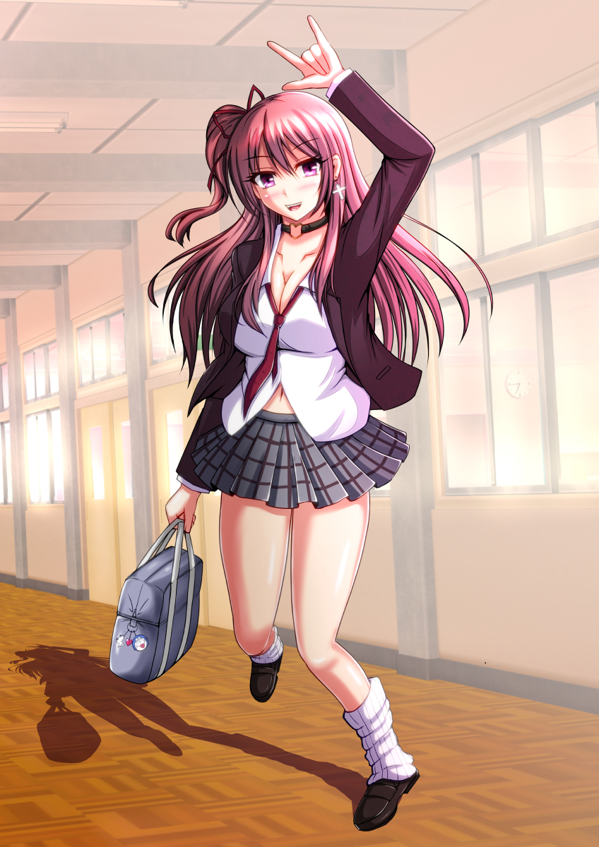 1girl, :d, \n/, arm_up, bag, black_shoes, blazer, blush