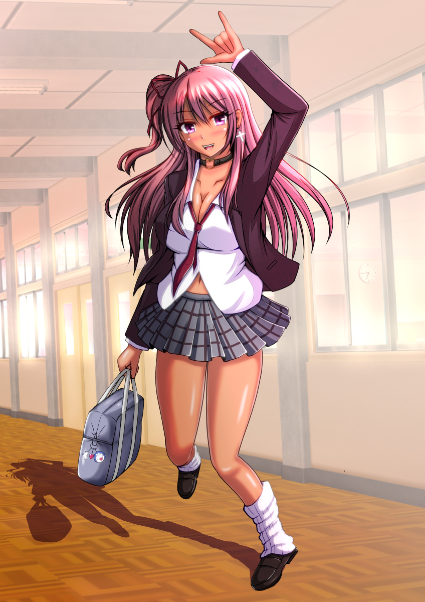 1girl, :d, \n/, arm_up, bag, black_shoes, blazer, blush, bobby_socks, breasts, cleavage, collar, full_body, gyaru, hair_between_eyes, hair_ribbon, highres, jacket, kogal, large_breasts, loafers, long_hair, long_sleeves, looking_at_viewer, miniskirt, necktie, open_blazer, open_clothes, open_jacket, open_mouth, original, pink_eyes, plaid, plaid_skirt, pleated_skirt, purple_hair, red_necktie, red_ribbon, ribbon, school_uniform, shadow, shirt, shoes, side_ponytail, skirt, smile, socks, solo, standing, taka_(hiroa), white_legwear, white_shirt