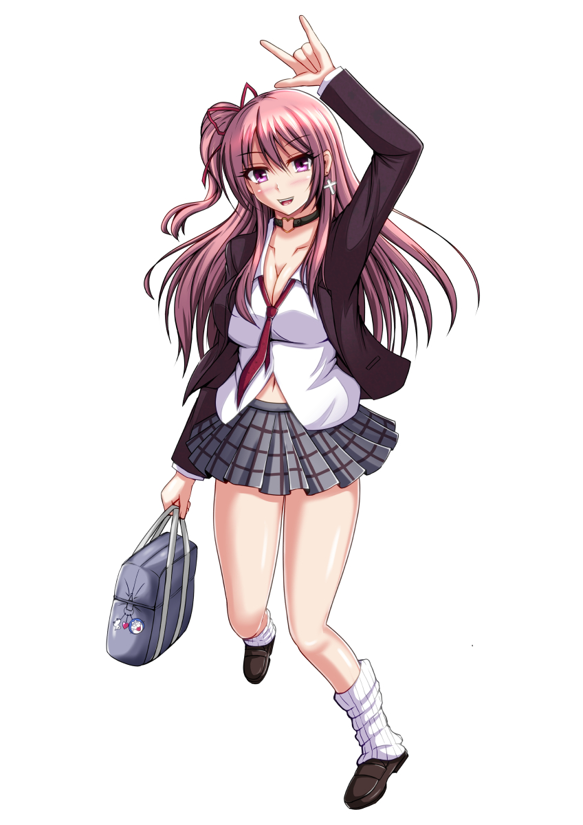 1girl, :d, \n/, arm_up, bag, black_shoes, blazer, blush