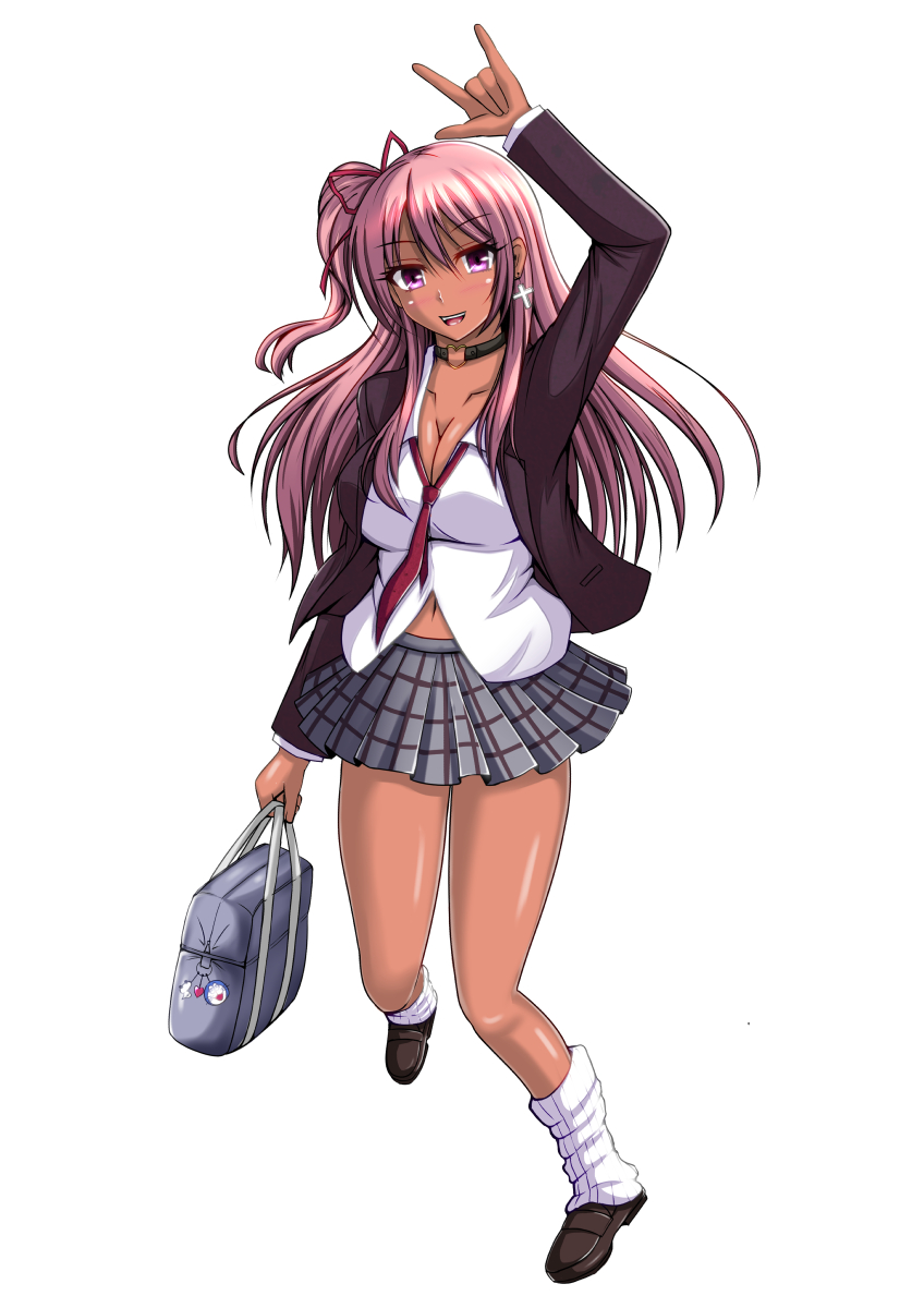 1girl, :d, \n/, arm_up, bag, black_shoes, blazer, blush, bobby_socks, breasts, cleavage, collar, full_body, gyaru, hair_between_eyes, hair_ribbon, highres, jacket, kogal, large_breasts, loafers, long_hair, long_sleeves, looking_at_viewer, miniskirt, necktie, open_blazer, open_clothes, open_jacket, open_mouth, original, pink_eyes, plaid, plaid_skirt, pleated_skirt, purple_hair, red_necktie, red_ribbon, ribbon, school_uniform, shadow, shirt, shoes, side_ponytail, skirt, smile, socks, solo, standing, taka_(hiroa), white_legwear, white_shirt