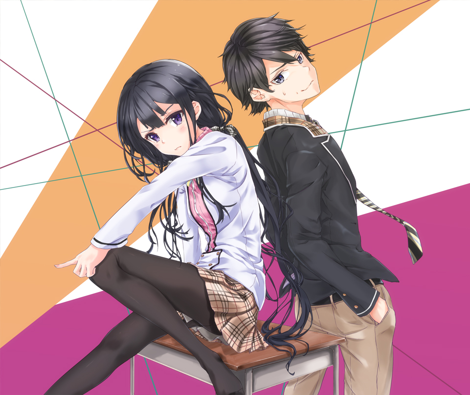 1boy, 1girl, adagaki_aki, back-to-back, black_hair, black_legwear, blush, hair_ribbon