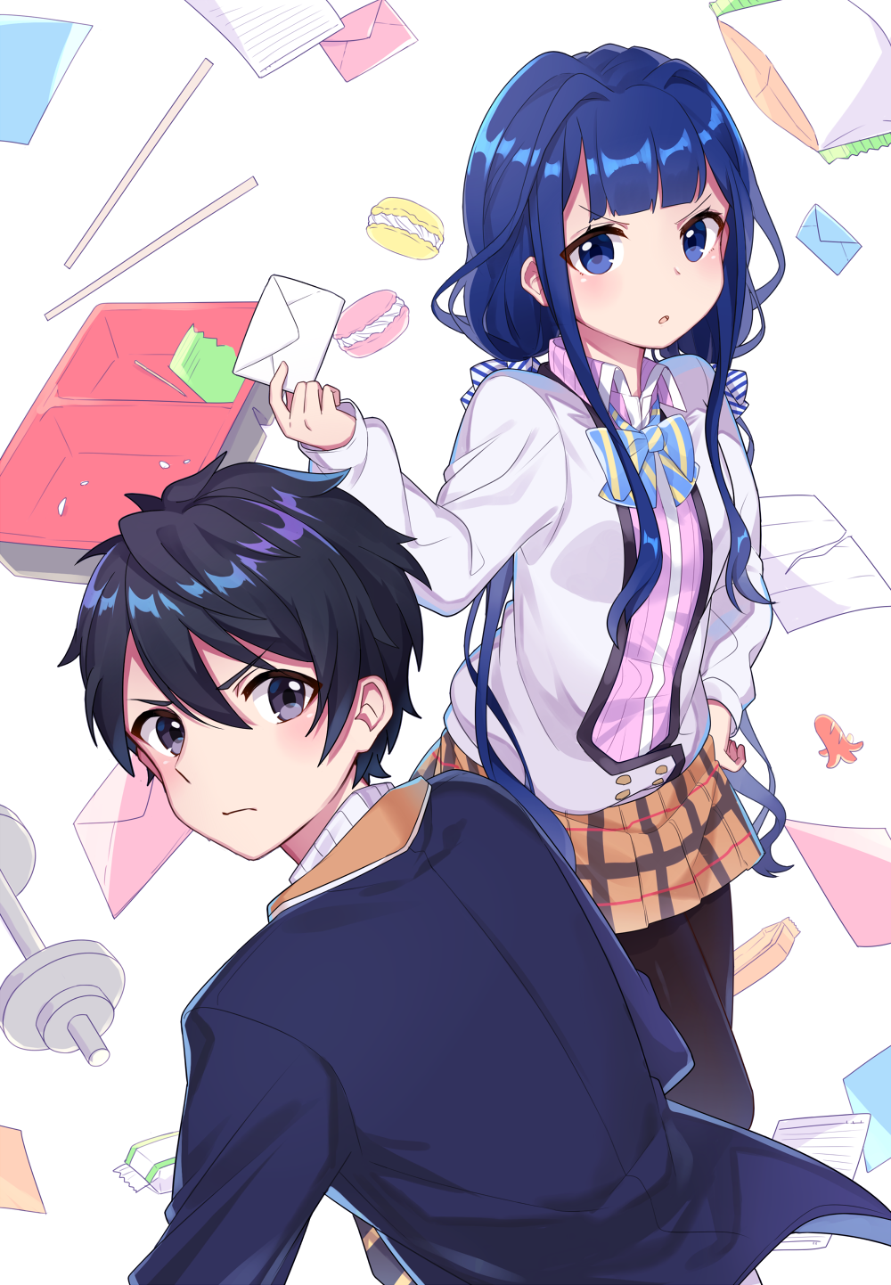1boy, 1girl, adagaki_aki, black_hair, black_legwear, blush, chopsticks, envelope