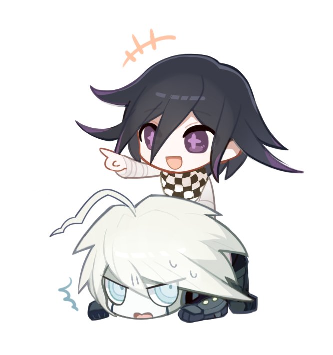 +_+, 2boys, ahoge, android, black_hair, blue_eyes, checkered_scarf, chibi