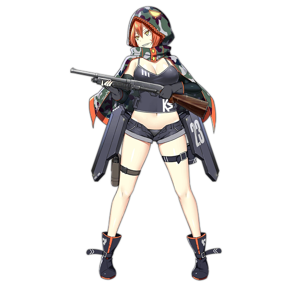 1girl, artist_request, breasts, cleavage, girls_frontline, gun, hood, ks-23, ks-23_(girls_frontline), large_breasts, official_art, pump_action, redhead, sharp_teeth, short_shorts, shorts, shotgun, spiky_hair, teeth, thigh_strap, transparent_background, weapon, yellow_eyes