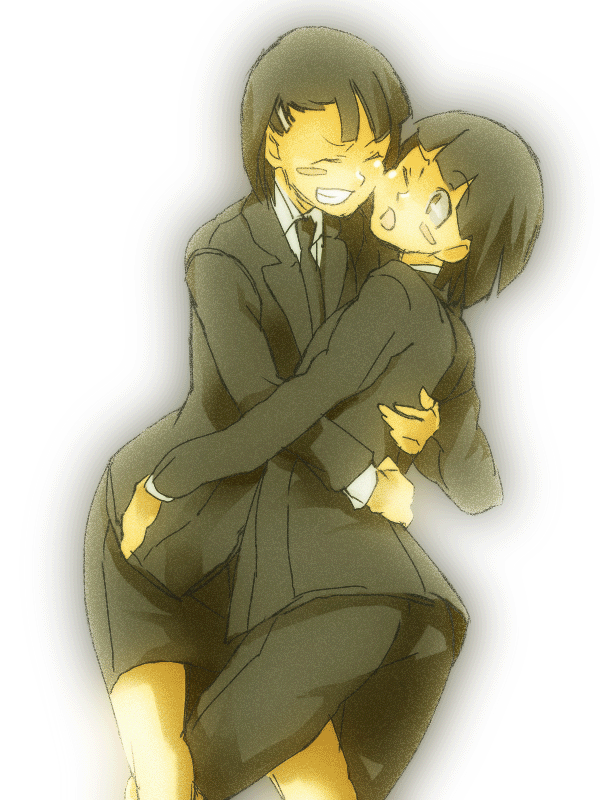 black_hair, bob_cut, endou_izuna, endou_shizuna, hug, kurogane_no_linebarrel, kurogane_no_linebarrels, short_hair