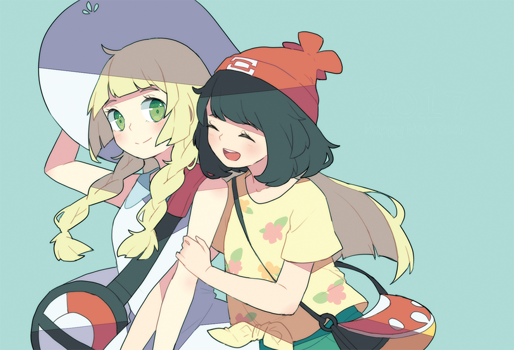 2girls, bag, beanie, black_hair, blonde_hair, blue_background, braid, closed_eyes, dress, duffel_bag, female_protagonist_(pokemon_sm), green_eyes, handbag, hat, lillie_(pokemon), long_hair, multiple_girls, murro_mi, open_mouth, pokemon, pokemon_(game), pokemon_sm, red_hat, shirt, short_hair, short_sleeves, simple_background, sleeveless, sleeveless_dress, smile, sun_hat, tied_shirt, twin_braids, white_dress, white_hat