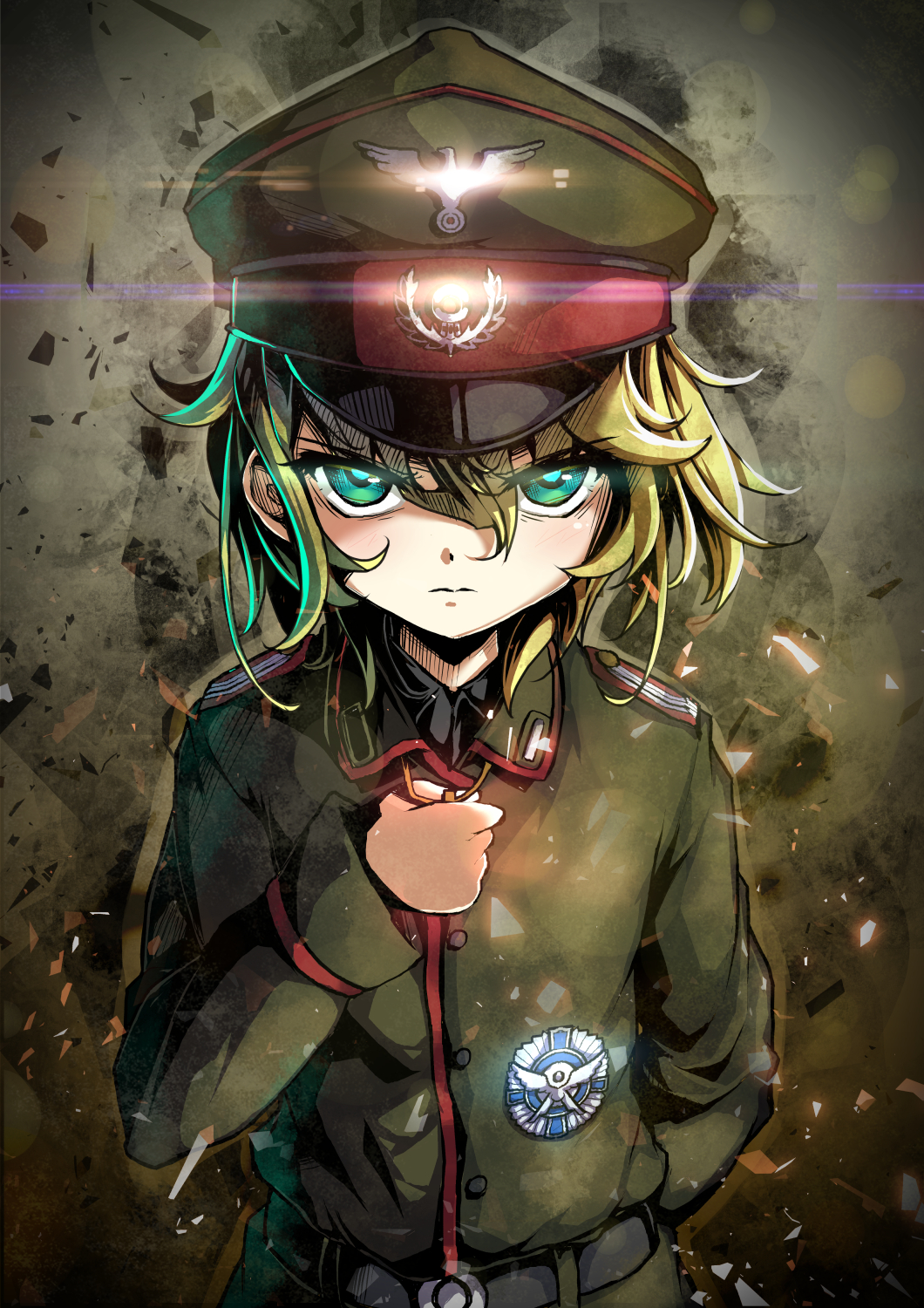 1girl, aqua_eyes, arm_behind_back, belt, blonde_hair, carillus, hair_between_eyes, hat