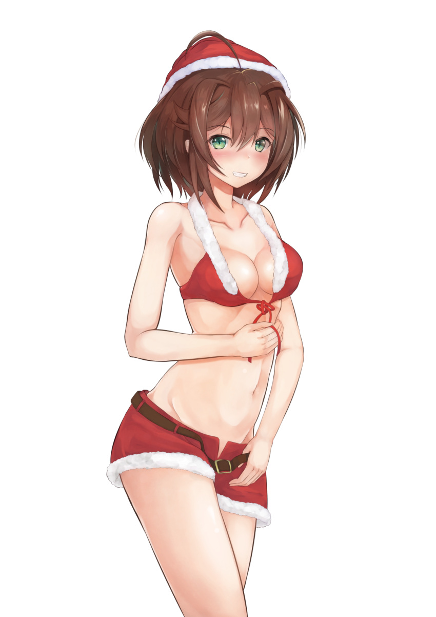 1girl, ahoge, akazukin_(mary_skelter), bare_shoulders, blush, bra, breasts, brown_hair
