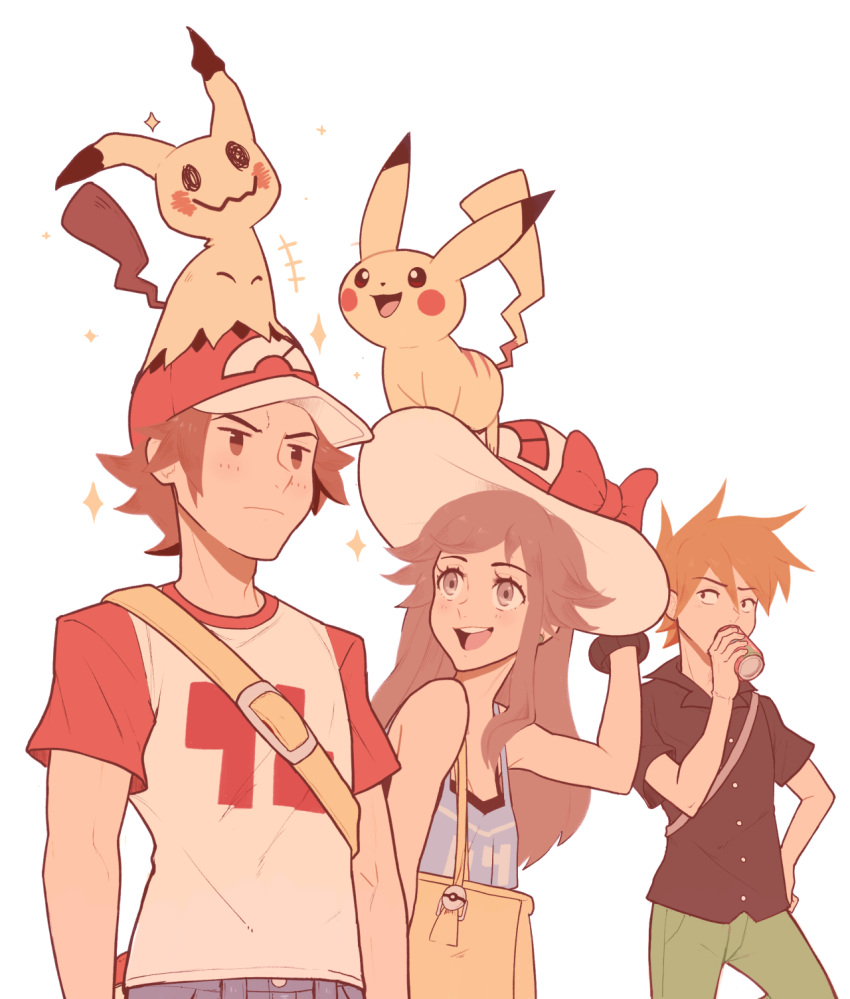 1girl, 2boys, :d, baseball_cap, blue_(pokemon), brown_eyes, brown_hair, closed_mouth