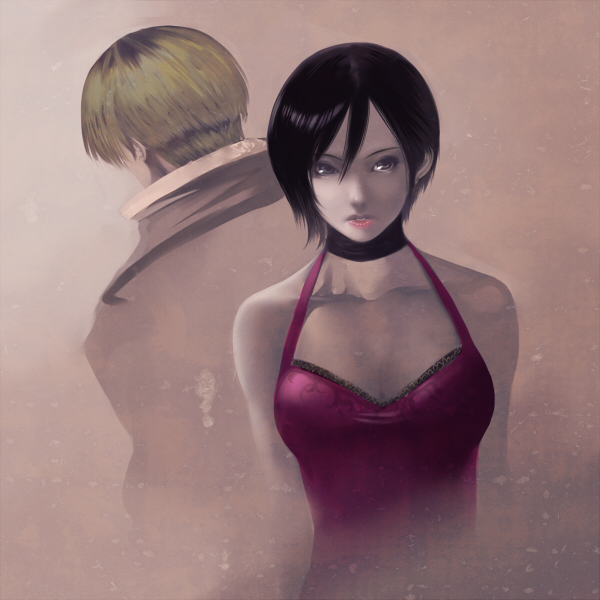 black_hair, blonde_hair, blue_eyes, bra, breasts, cleavage, dress, izumi_(pixiv10995)