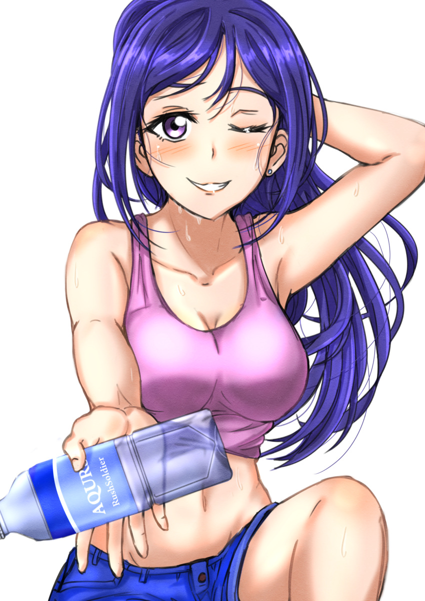 1girl, blue_hair, blush, bottle, breasts, cleavage, earrings, hand_behind_head, highres, jewelry, large_breasts, long_hair, looking_at_viewer, love_live!, love_live!_sunshine!!, matsuura_kanan, midriff, one_eye_closed, outstretched_hand, ponytail, rushsoldier, smile, solo, violet_eyes, water_bottle