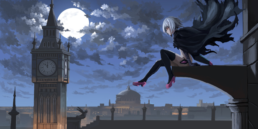1girl, absurdres, architecture, assassin_of_black, bandage, black_coat, black_legwear, black_panties
