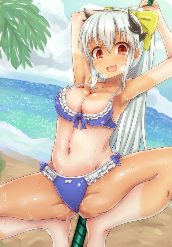 1girl, barefoot, bikini, blue_bikini, blush, bow, breasts, cleavage, fate/grand_order, fate_(series), hair_bow, horns, kiyohime_(fate/grand_order), kiyohime_(swimsuit_lancer)_(fate), large_breasts, long_hair, midriff, navel, ocean, one-piece_tan, ponytail, red_eyes, sakinyan70, silver_hair, solo, sweat, swimsuit, tan, tanline, very_long_hair
