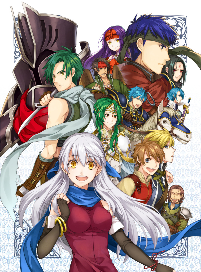 1girl, 4girls, 6+boys, :d, anniversary, armor, bare_shoulders, black_gloves, black_hair, black_knight, blonde_hair, blue_eyes, blue_hair, blue_scarf, brown_eyes, brown_hair, cape, check_commentary, commentary_request, dagger, dress, edward_(fire_emblem), elbow_gloves, elincia_ridell_crimea, facial_mark, fingerless_gloves, fire_emblem, fire_emblem:_akatsuki_no_megami, full_armor, geoffrey_(fire_emblem), gloves, green_hair, hair_over_one_eye, hair_ribbon, half_updo, headband, helmet, highres, horse, jewelry, knife, leonardo_(fire_emblem), long_hair, lucia_(fire_emblem), micaiah, multiple_boys, multiple_girls, nolan, open_mouth, pointy_ears, purple_hair, red_eyes, ribbon, robe, sanaki_kirsch_altina, scarf, silver_hair, sleeveless, sleeveless_dress, smile, solo_focus, soren, sothe, tibarn, weapon, wings, yellow_eyes