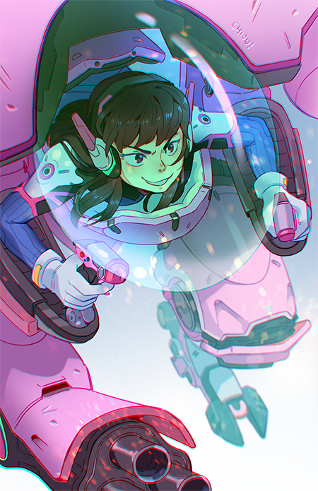 1girl, :d, arm_cannon, artist_name, bangs, blue_bodysuit, bodysuit, bracer