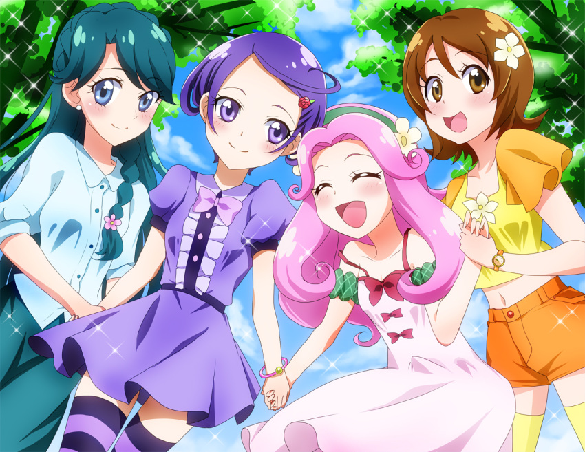 4girls, :d, blue_eyes, blue_hair, blush, bracelet, braid, brown_eyes