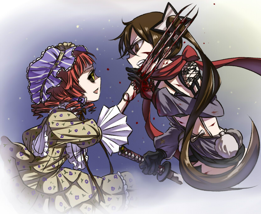 2girls, battle, blood, claw_(weapon), katana, mahou_shoujo_ikusei_keikaku, mahou_shoujo_ikusei_keikaku_restart, multiple_girls, rionetta_(mahoiku), ripple_(mahoiku), sister_nanasi, sword, weapon