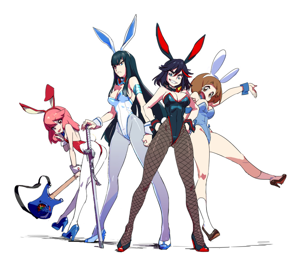 animal_ears, ass, bunnysuit, cosplay, fishnet_pantyhose, fishnets, flcl, guitar
