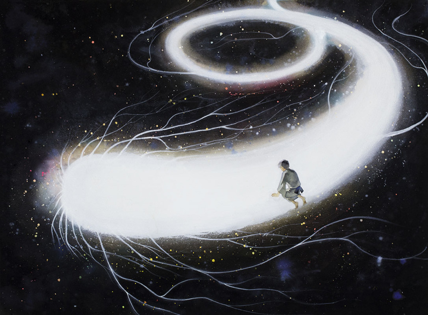 1boy, amber_t, arm_support, back, barefoot, black_background, creature, from_above