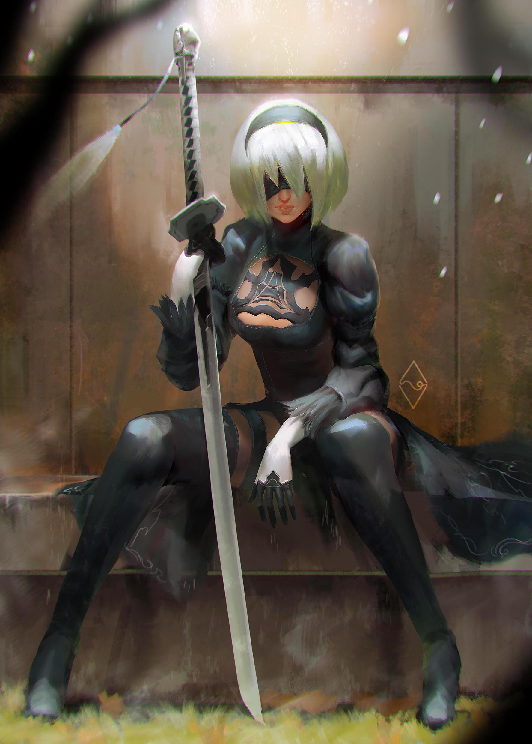 1girl, absurdres, black_boots, black_dress, black_gloves, black_hairband, black_legwear, blindfold, boots, breasts, cleavage, cleavage_cutout, closed_mouth, covered_eyes, dress, fahmi_fauzi, full_body, gloves, hair_over_eyes, hairband, hand_on_leg, high_heel_boots, high_heels, highres, holding, holding_sword, holding_weapon, juliet_sleeves, katana, legs_apart, lips, long_sleeves, medium_breasts, mole, mole_under_mouth, nier_(series), nier_automata, nose, pink_lips, puffy_sleeves, short_dress, short_hair, side_slit, silver_hair, sitting, solo, sword, tassel, thigh-highs, thigh_boots, turtleneck, vambraces, weapon, yorha_no._2_type_b