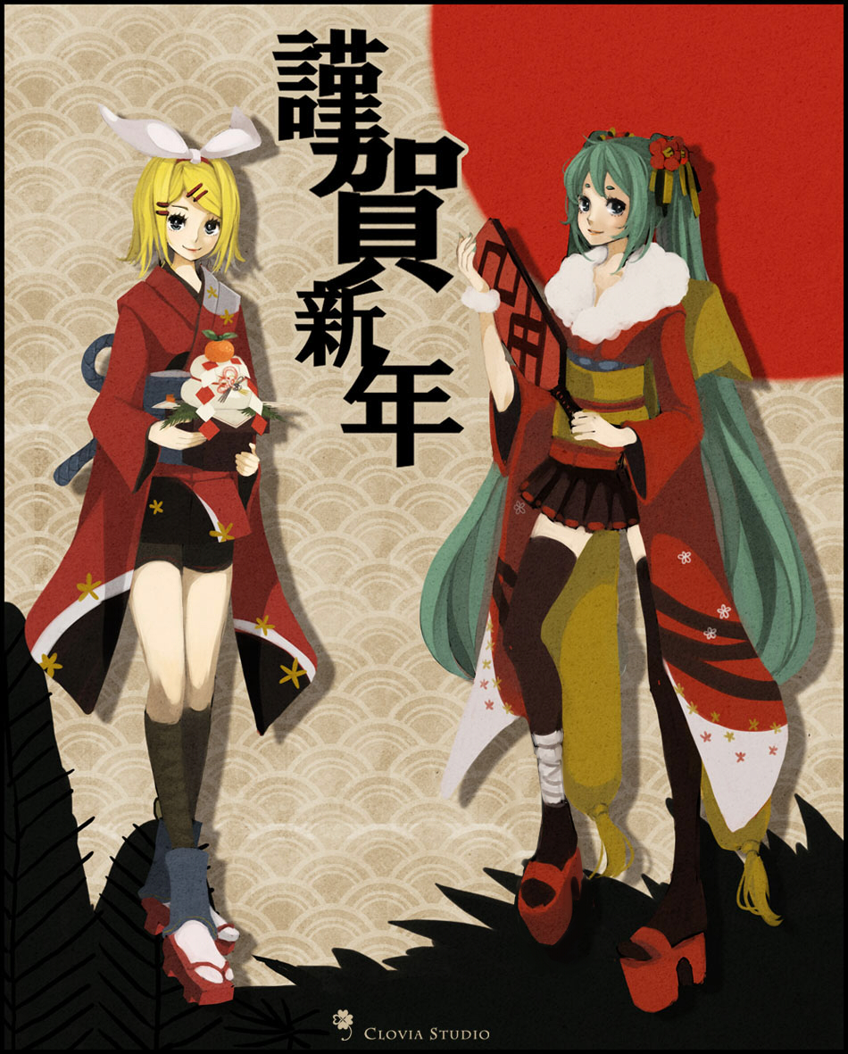 aqua_eyes, aqua_hair, bad_id, blonde_hair, blue_eyes, hatsune_miku, japanese_clothes, kagamine_rin, multiple_girls, new_year, reika_(artist), seigaiha, siting_zeng, thighhighs, traditional_clothing, vocaloid