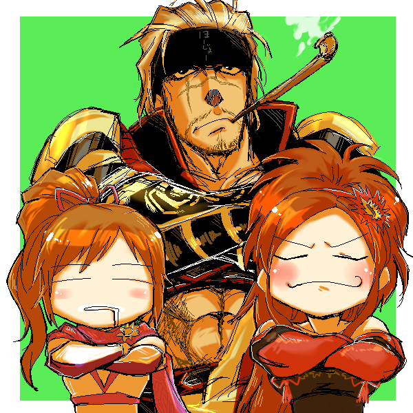 1boy, 2girls, closed_eyes, crossed_arms, d_no, drooling, facial_hair, hairband, headband, houjou_ujiyasu, japanese_clothes, kaihime, kiseru, long_hair, multiple_girls, ninja, pipe, pipe_in_mouth, ponytail, scar, sengoku_musou, sengoku_musou_3, short_hair, sleeping, smoking, smug