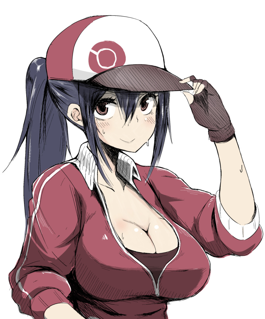 1girl, black_gloves, black_hair, blush, breasts, brown_eyes, cleavage, female_protagonist_(pokemon_go), fingerless_gloves, freedom_nakai, gloves, hat, highres, jacket, large_breasts, long_hair, looking_at_viewer, pokemon, pokemon_go, ponytail, simple_background, smile, solo, sweat, upper_body, white_background