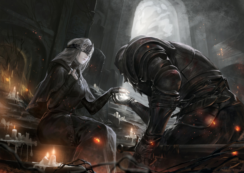 1girl, 2017, alcd, arch, arm_at_side, arm_wrap, armor, artist_name