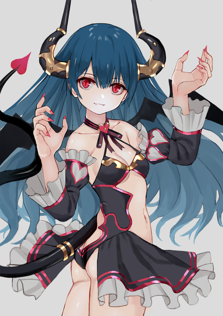 1girl, blue_hair, demon, demon_girl, demon_horns, demon_tail, demon_wings, detached_sleeves