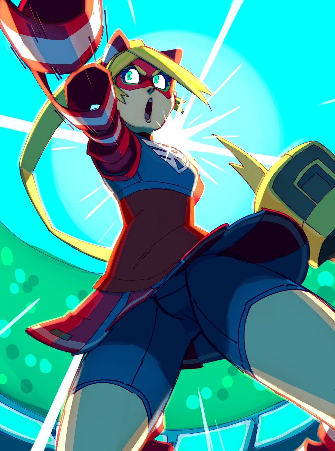 1girl, android, arms_(game), backlighting, bike_shorts, blonde_hair, boxing_gloves, domino_mask