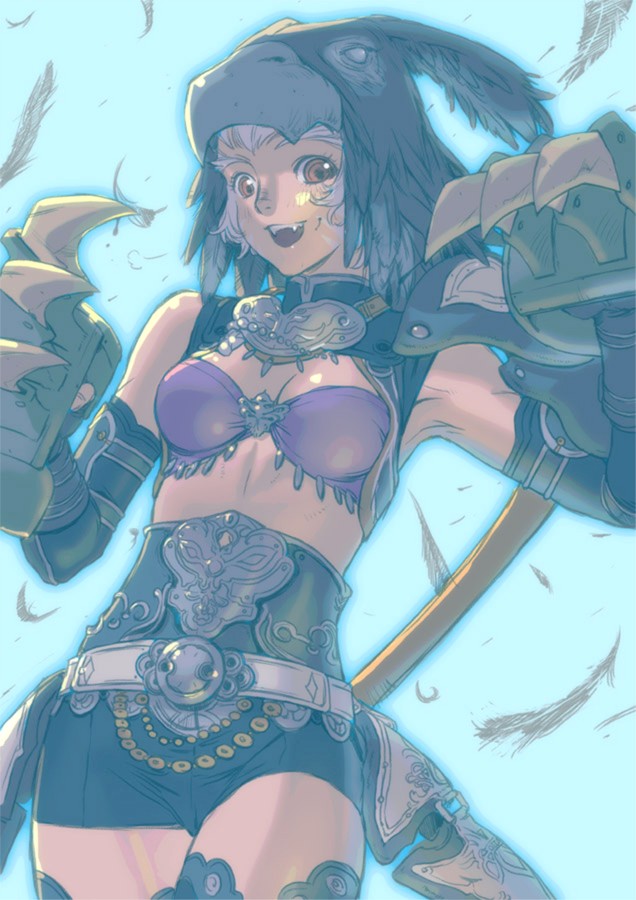 bare_shoulders, beak, belt, bra, breasts, elbow_gloves, fangs, feathers, final_fantasy, final_fantasy_xi, gloves, headdress, lingerie, mikhe_aryohcha, mithra, purple_hair, red_eyes, shorts, solo, tail, thigh-highs, thighhighs, underwear, weapon