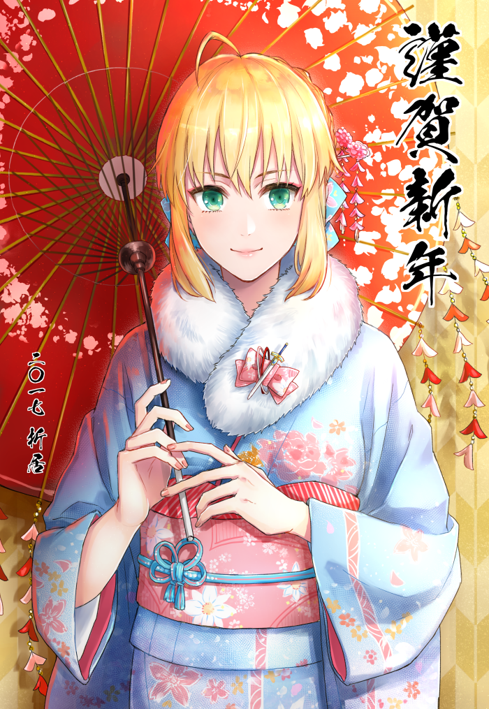 1girl, ahoge, blonde_hair, bow, braid, fate_(series), floral_print, flower