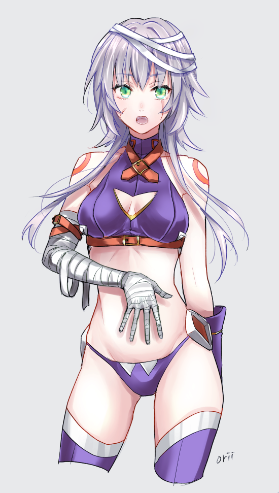 1girl, alternate_costume, artist_name, assassin_of_black, bandage, bandaged_arm, bare_shoulders, belt