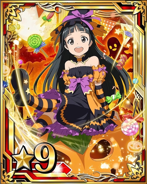1girl, arm_support, bare_shoulders, black_eyes, black_hair, card_(medium), detached_sleeves, dress, elbow_gloves, fingerless_gloves, gloves, halloween, halloween_costume, long_hair, looking_at_viewer, mon, number, pumpkin, purple_ribbon, ribbon, sitting, solo, star, strapless, strapless_dress, striped, striped_gloves, striped_legwear, sword_art_online, thigh-highs, yui_(sao)