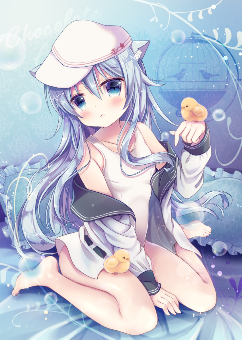 1girl, animal, animal_ears, animal_on_hand, barefoot, bird, blue_eyes, blue_hair