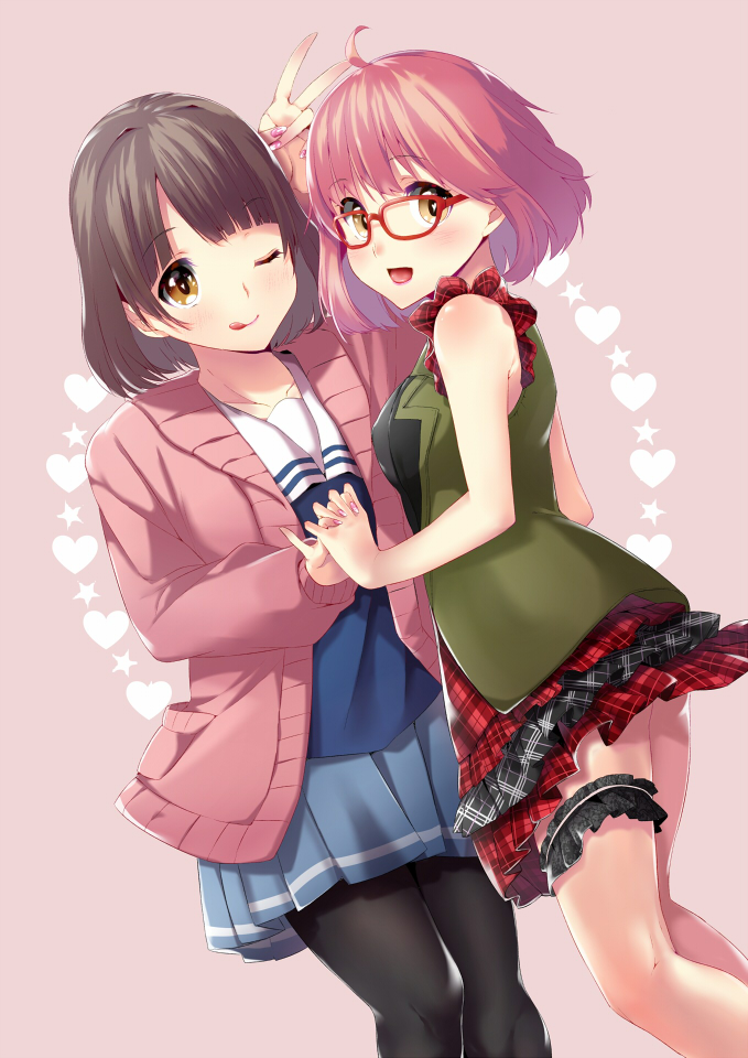 2girls, :d, ;q, ayanokouji_sakura, ayanokouji_sakura_(cosplay), black_legwear, blue_skirt, brown_eyes