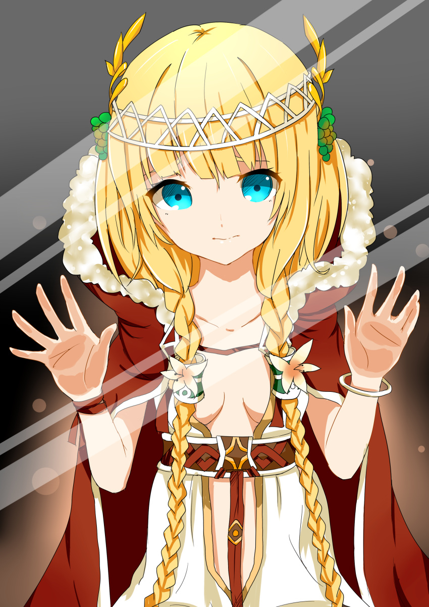 1girl, absurdres, against_glass, blonde_hair, blue_eyes, braid, breasts, cape