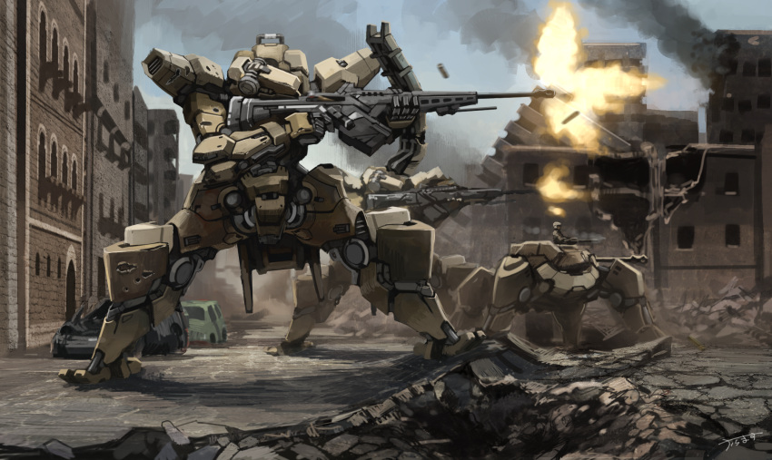 assault_rifle, battle, building, cannon, city, firing, ground_vehicle, gun