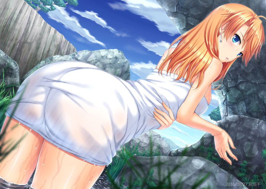 1girl, ass, blue_eyes, blue_sky, breasts, day, dutch_angle, forest