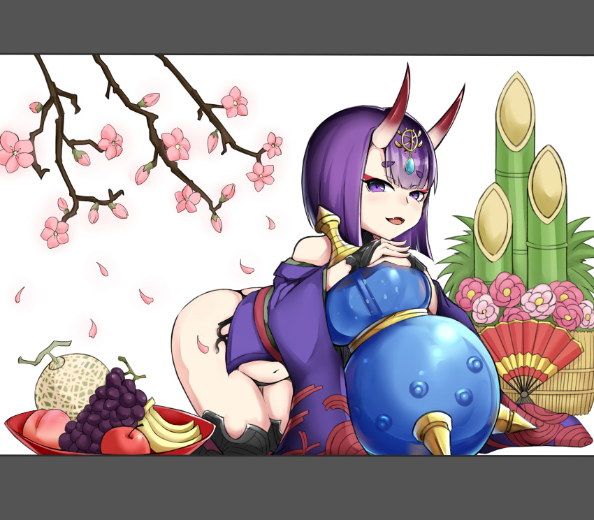 1girl, absurdres, ass, banana, bare_shoulders, branch, cherry_blossoms, fan