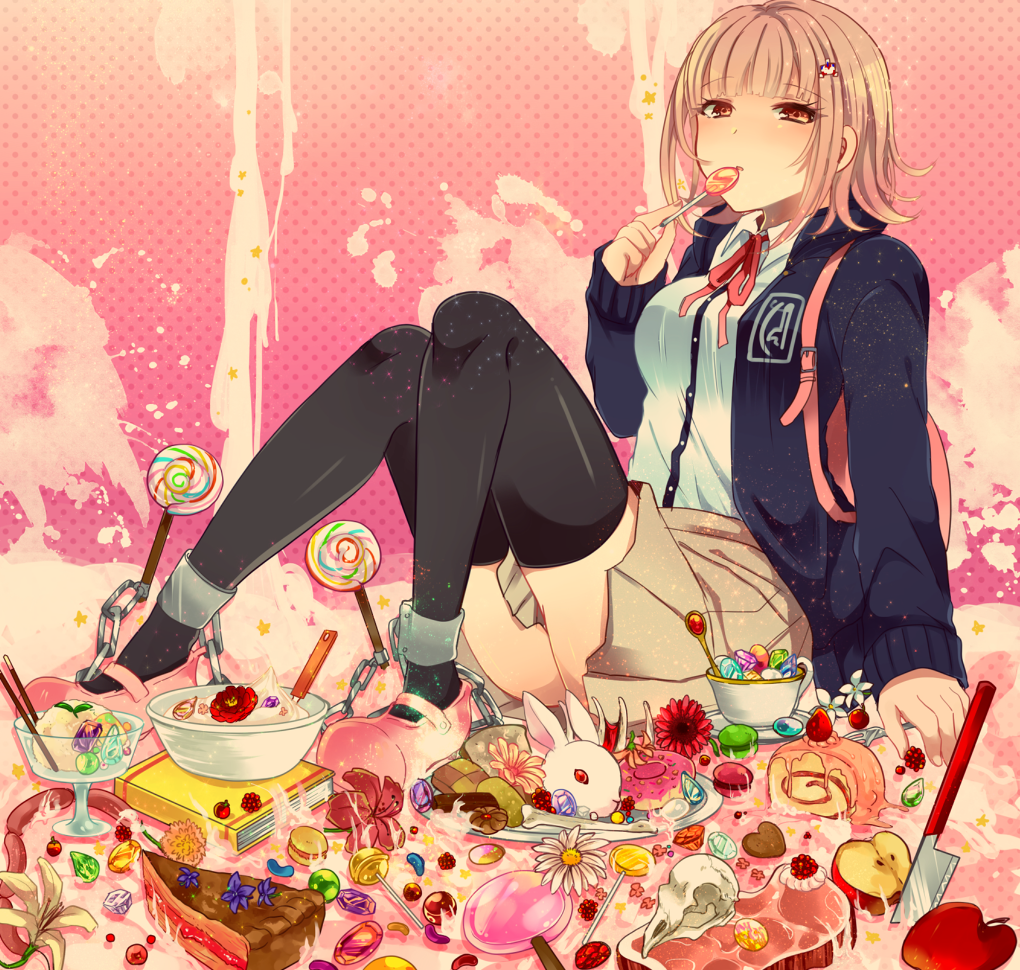 1girl, backpack, bag, candy, dangan_ronpa, food, lollipop, nanami_chiaki